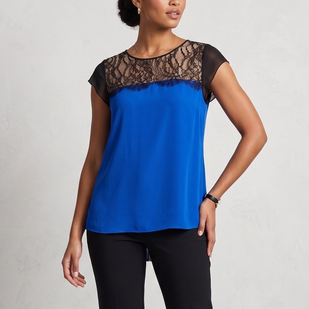 Leifsdottir by Anthropologie Silk Top Size 2 Black Lace Cap Sleeve Cocktail Chic
